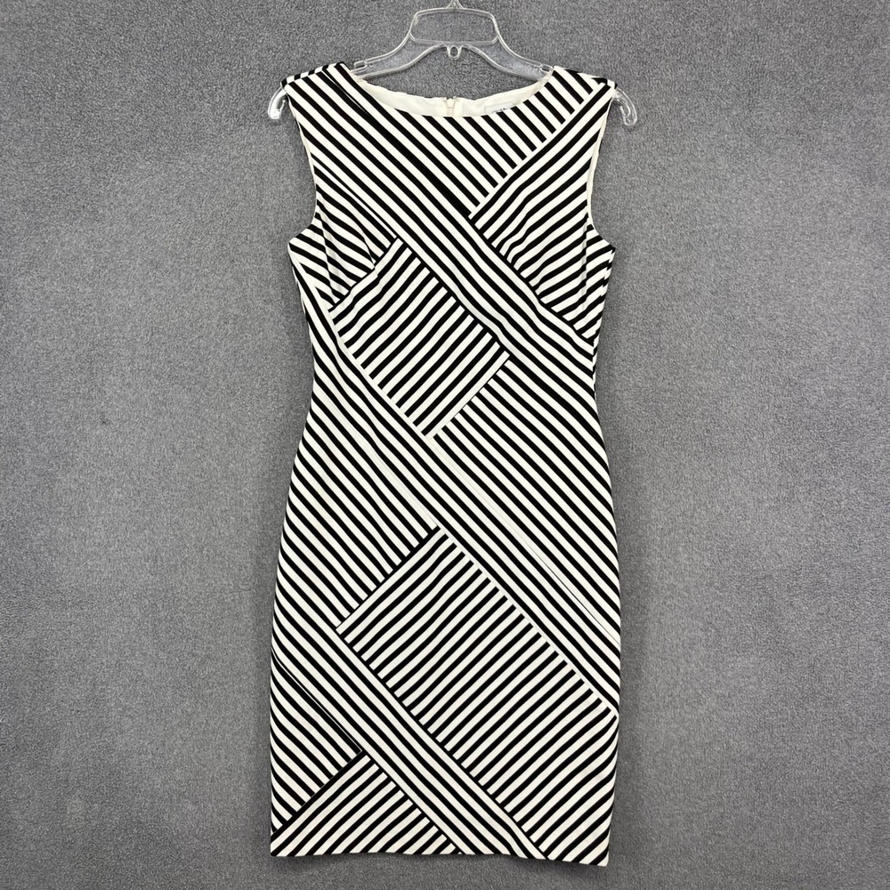Cache Striped Sheath Dress Womens Size 4 Black White Geometric Sleeveless Mod